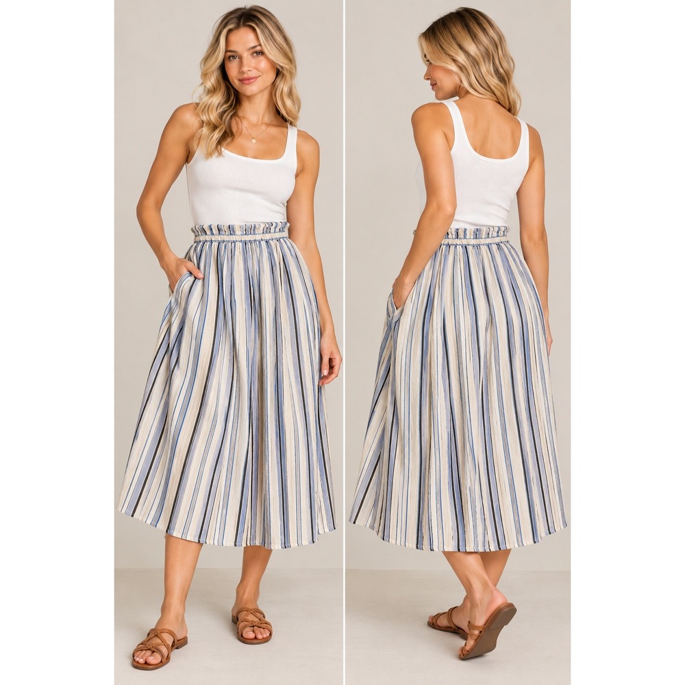 A New Day Skirt Women XXL Blue Striped Excellent Smocked Paperbag Waist Pockets